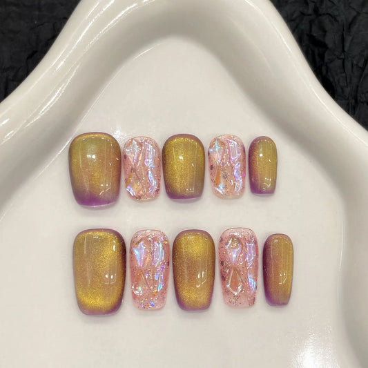 10 uñas postizas de dos colores, hechas a mano, con cuentas de vidrio brillantes, diseño de ojo de gato y lentejuelas brillantes. 