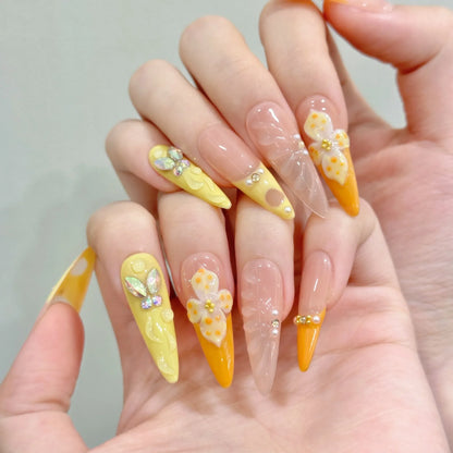 10 uñas postizas francesas hechas a mano, color naranja vitalidad, con diseño de flor de huevo tallada en 3D, largas, estilo ballet, para verano. 