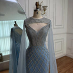 Luxury Nude Beaded Mermaid Evening Dress with Cape LA72814