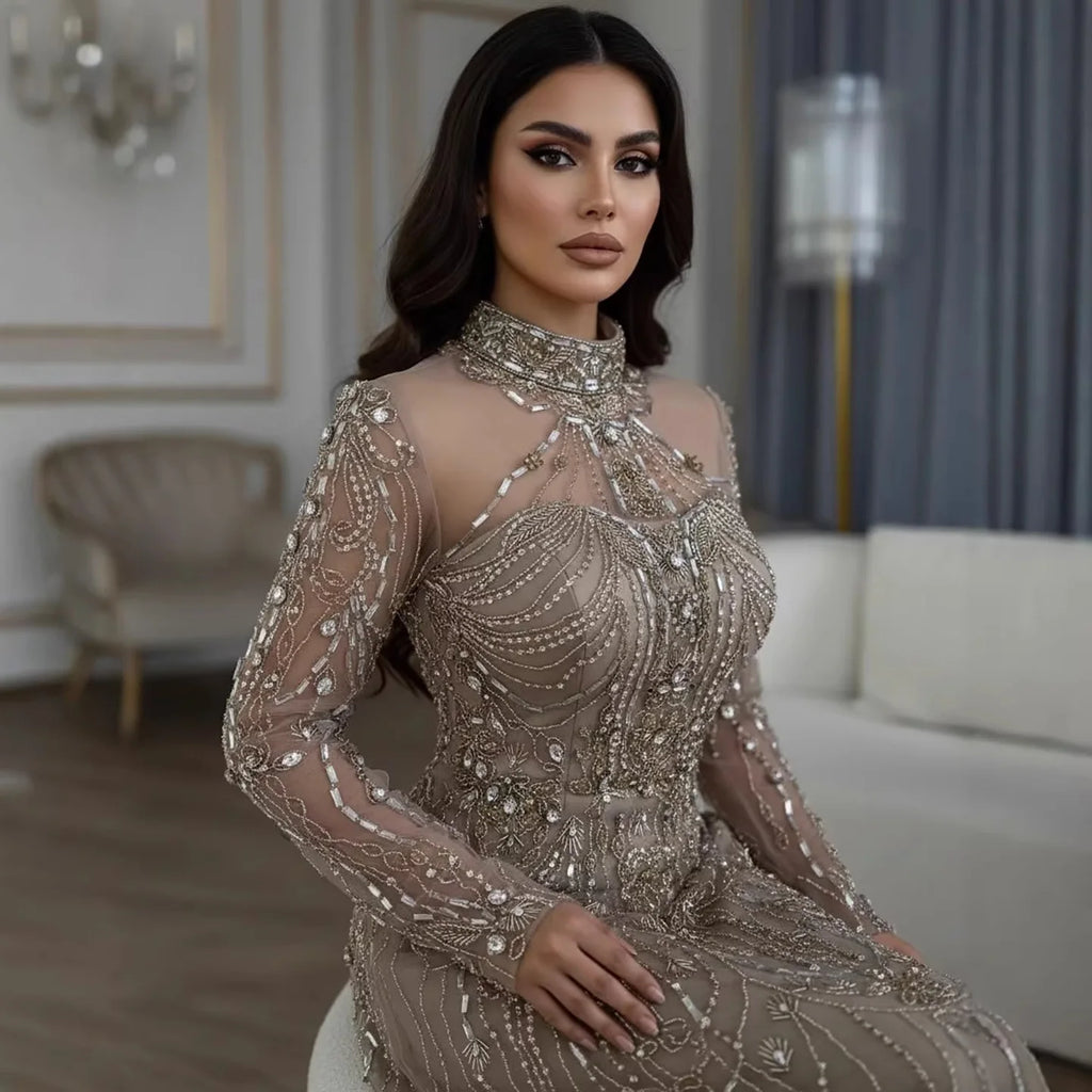 Serene Hill Caramel Long Sleeves Beaded Muslim Evening Gown For Women