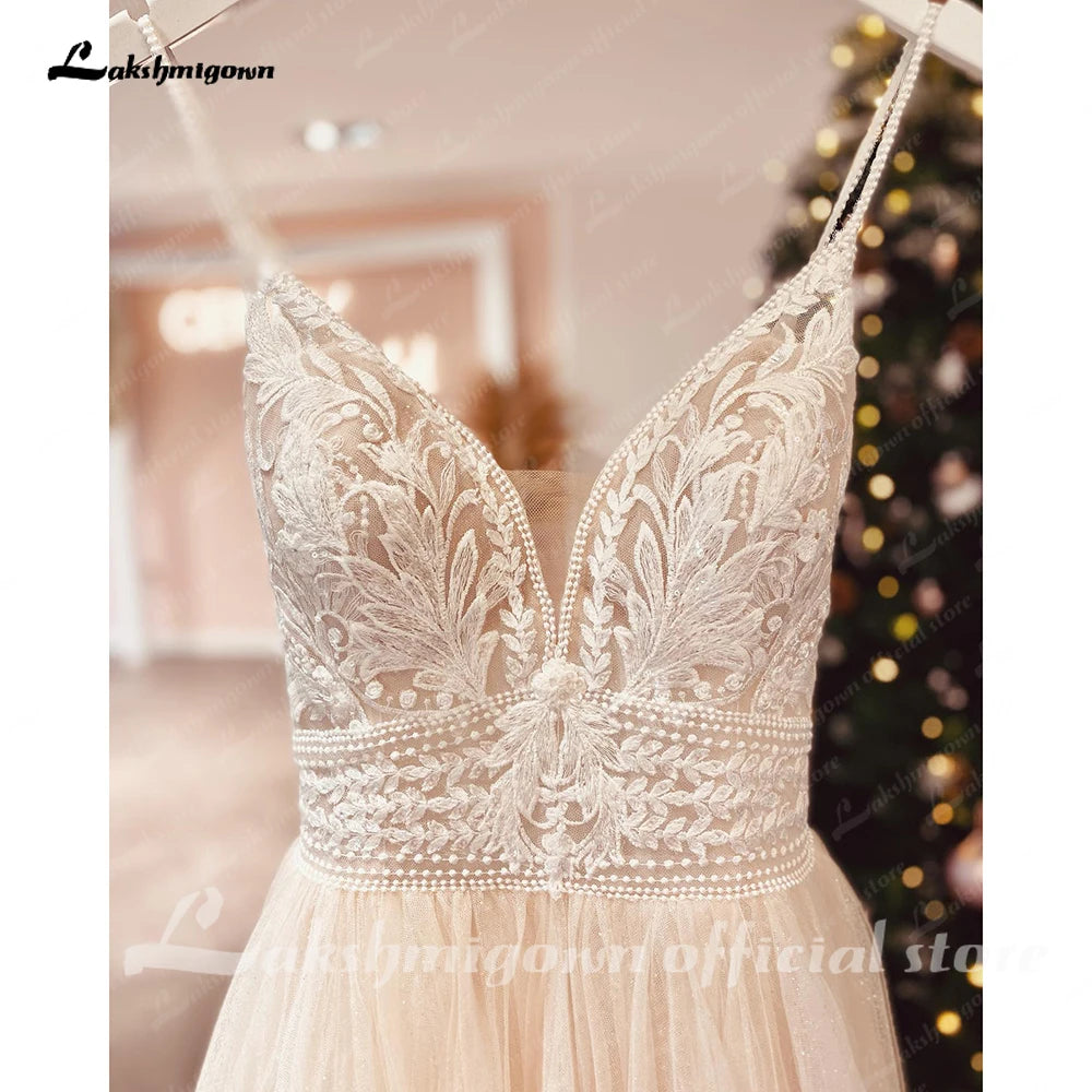 Custom Champagne Boho Wedding Dress For Women Spaghetti Strap Bridal Gown