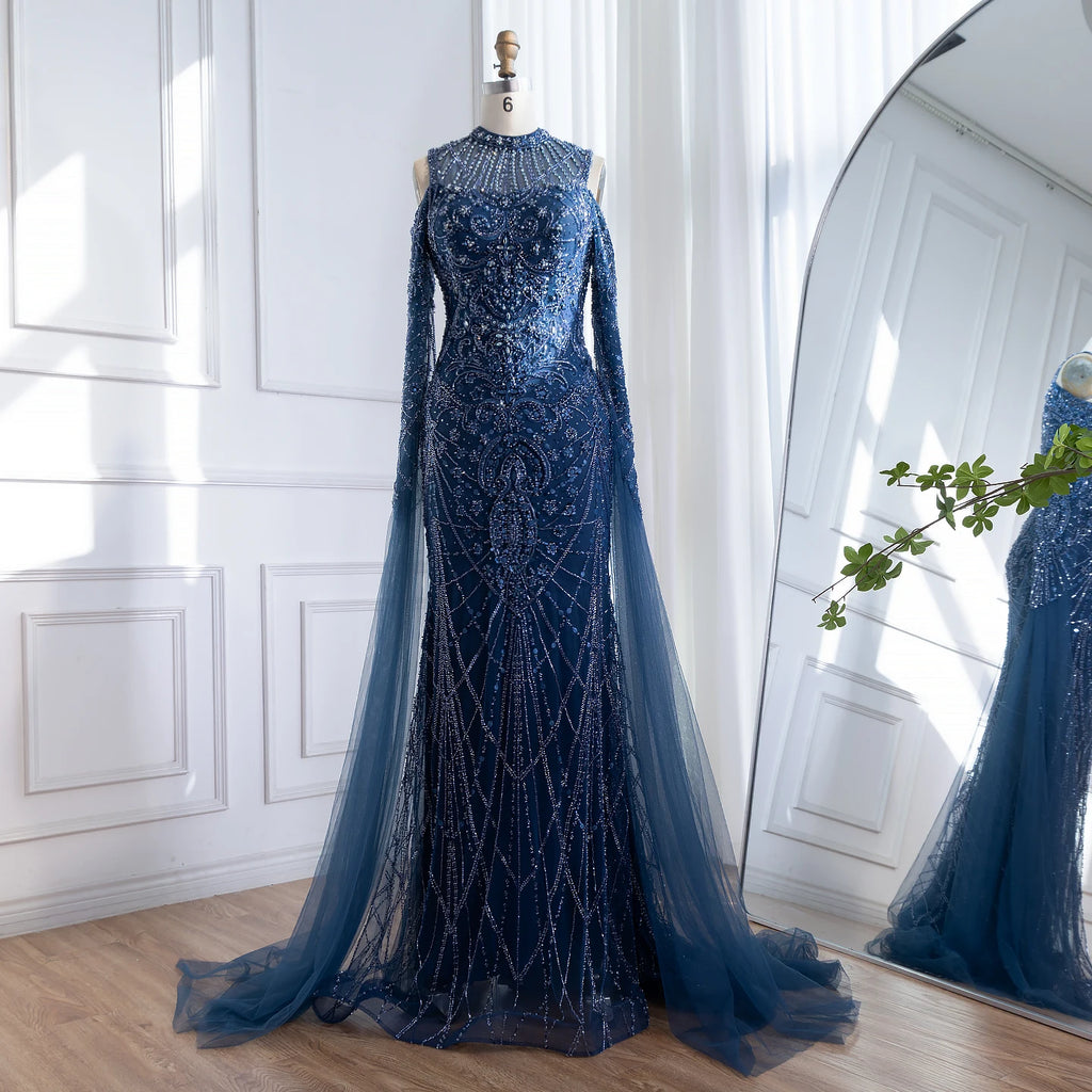 Navy Blue Cold Shoulder Mermaid Beaded Custom Evening Dress With Cape Sleeves