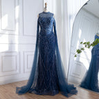 Navy Blue Cold Shoulder Mermaid Beaded Custom Evening Dress With Cape Sleeves