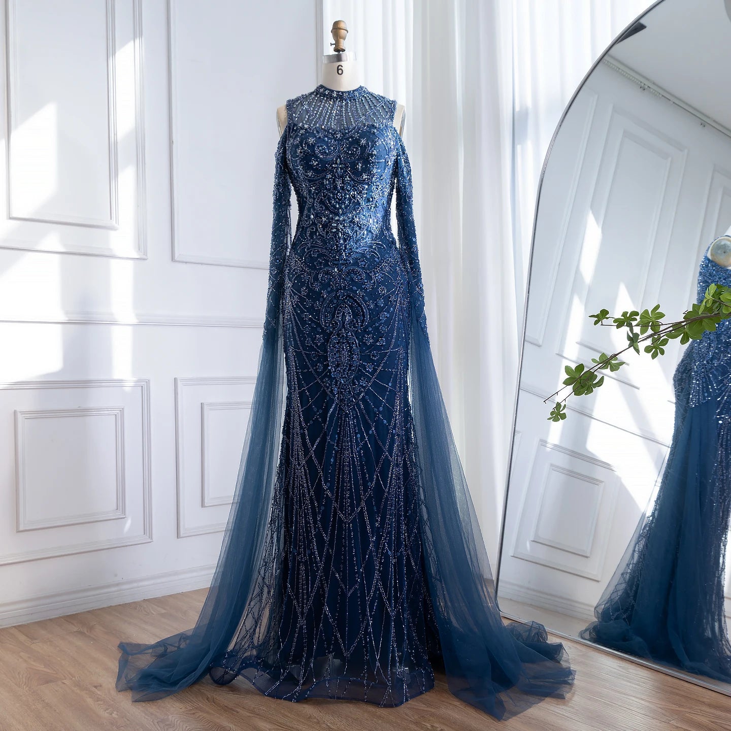 Navy Blue Cold Shoulder Mermaid Beaded Custom Evening Dress With Cape Sleeves