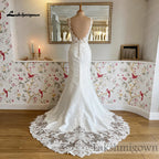 Mermaid Satin Wedding Dress Deep V Neck Beaded Lace Appliques Low Back Custom