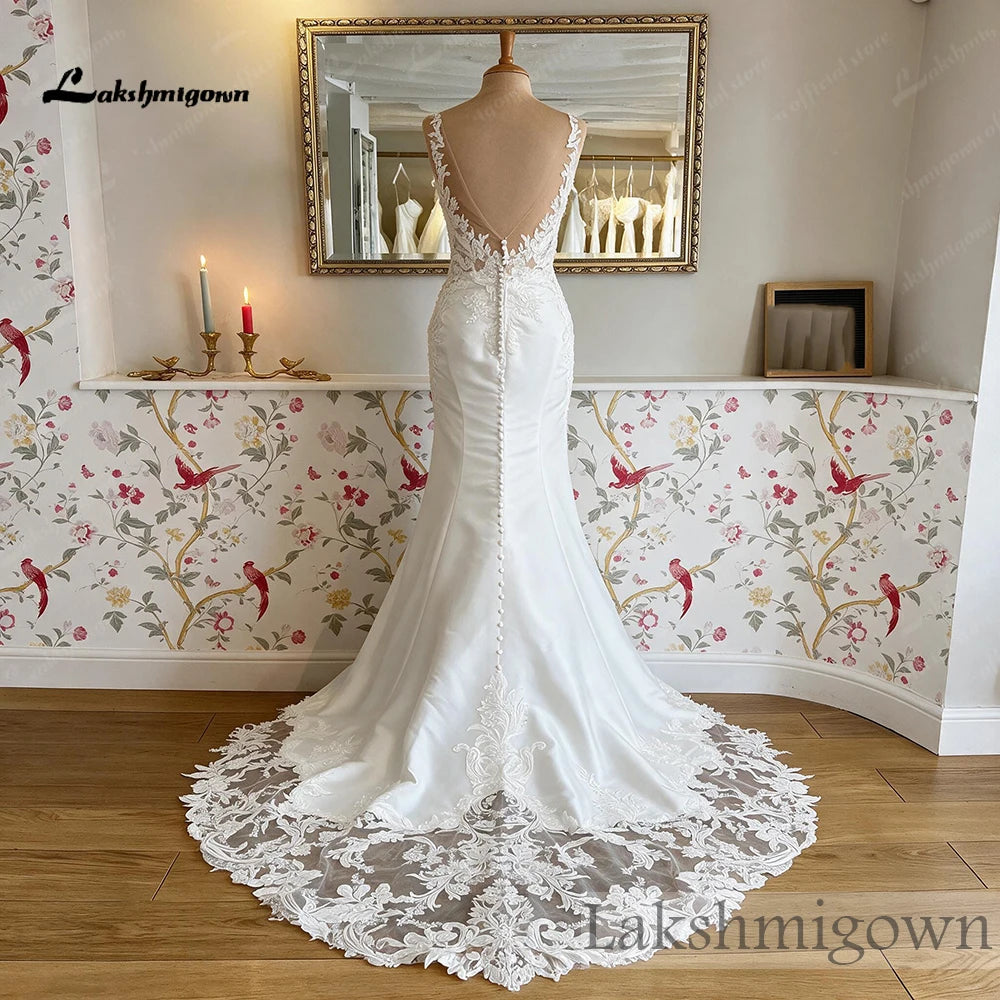 Mermaid Satin Wedding Dress Deep V Neck Beaded Lace Appliques Low Back Custom
