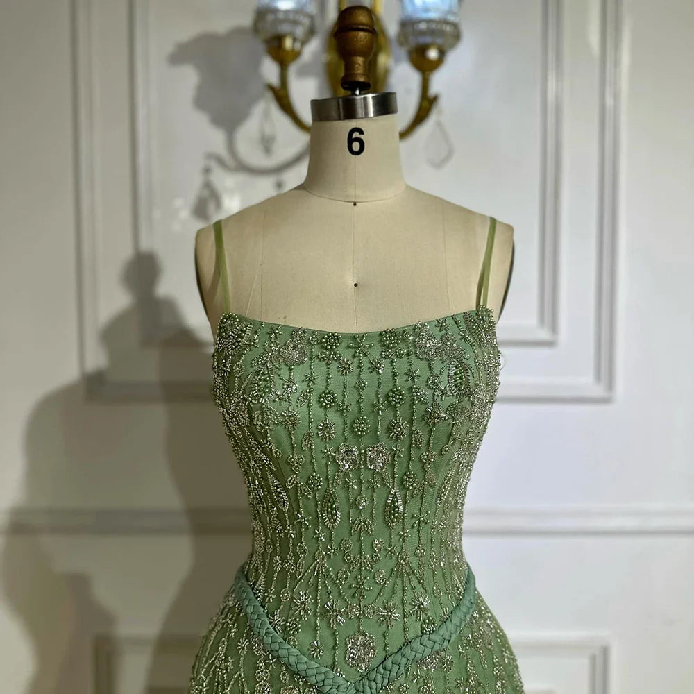 Luxury Sage Green Beaded A-Line Spaghetti Strap Evening Dress LA72805
