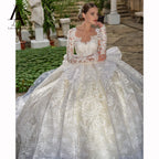 LelaAcra Long Sleeve Ball Gown Wedding Dress Appliques