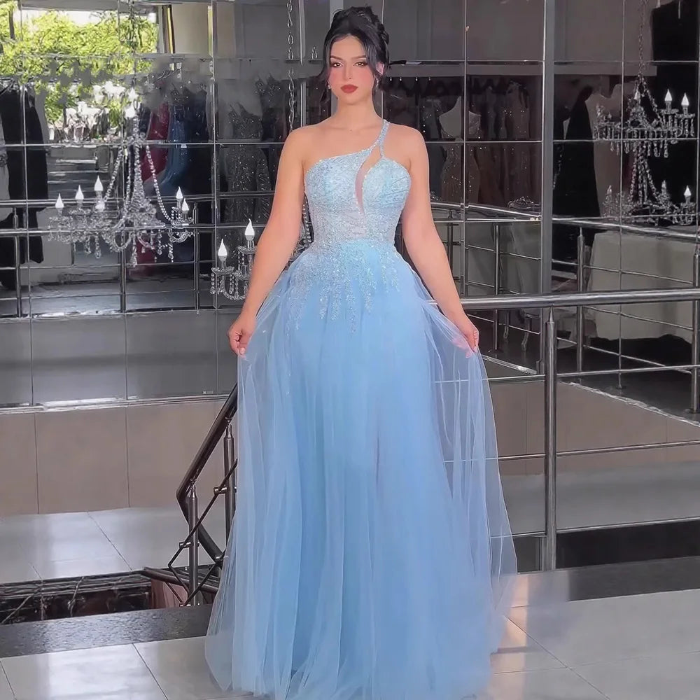 Serene Hill  Blue Spaghetti Strap A Line One Shoulder Prom Dress 2025 LA72589