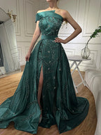 Serene Hill Custom Green One Shoulder Satin Evening Gown Overskirt Split Dress