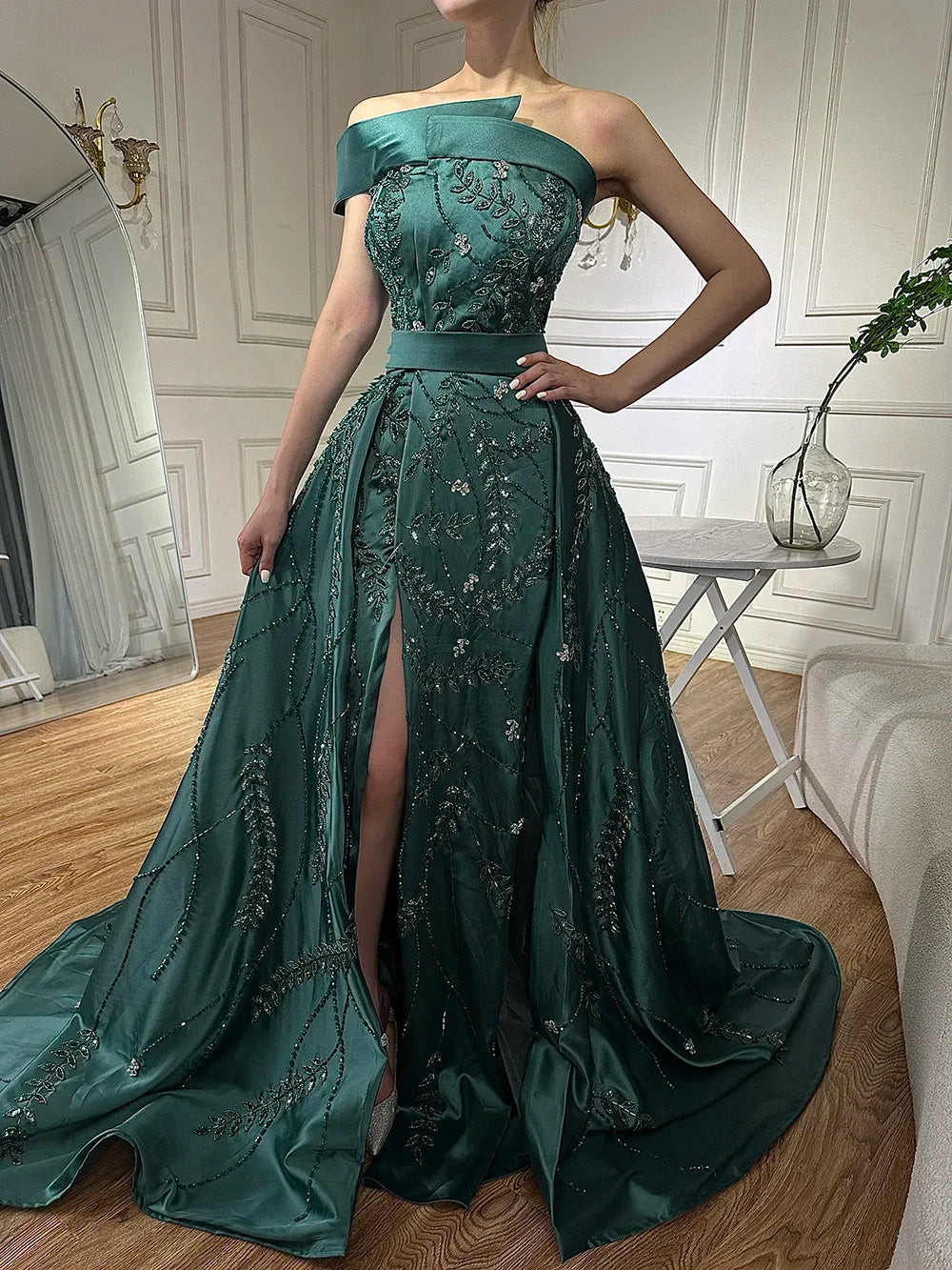 Serene Hill Custom Green One Shoulder Satin Evening Gown Overskirt Split Dress