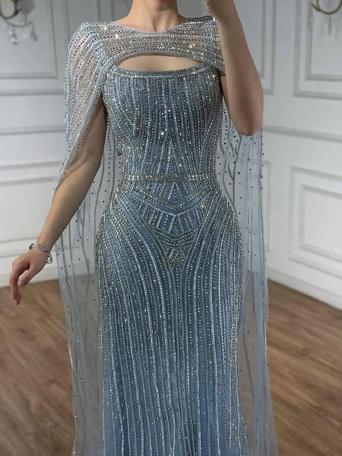 Luxury Blue Diamond Evening Dress With Cape LA73426