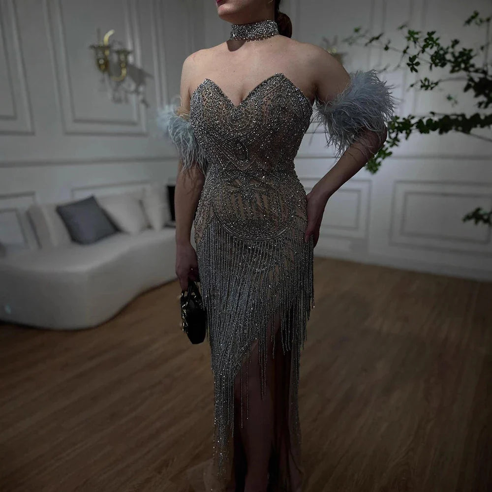 Luxury Silver Nude Mermaid Evening Dress with Beaded Tassel LA72083