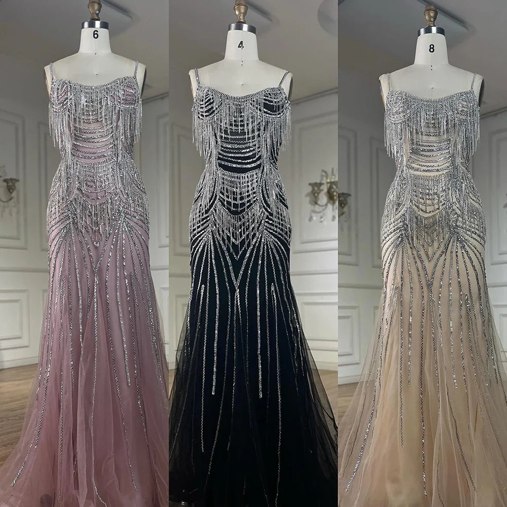 Luxury Nude Pink Crystal Tassel Mermaid Evening Dress LA72772