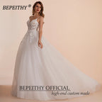 Customized Boho Ivory A Line Lace Wedding Dress Floor Length Bridal Gown