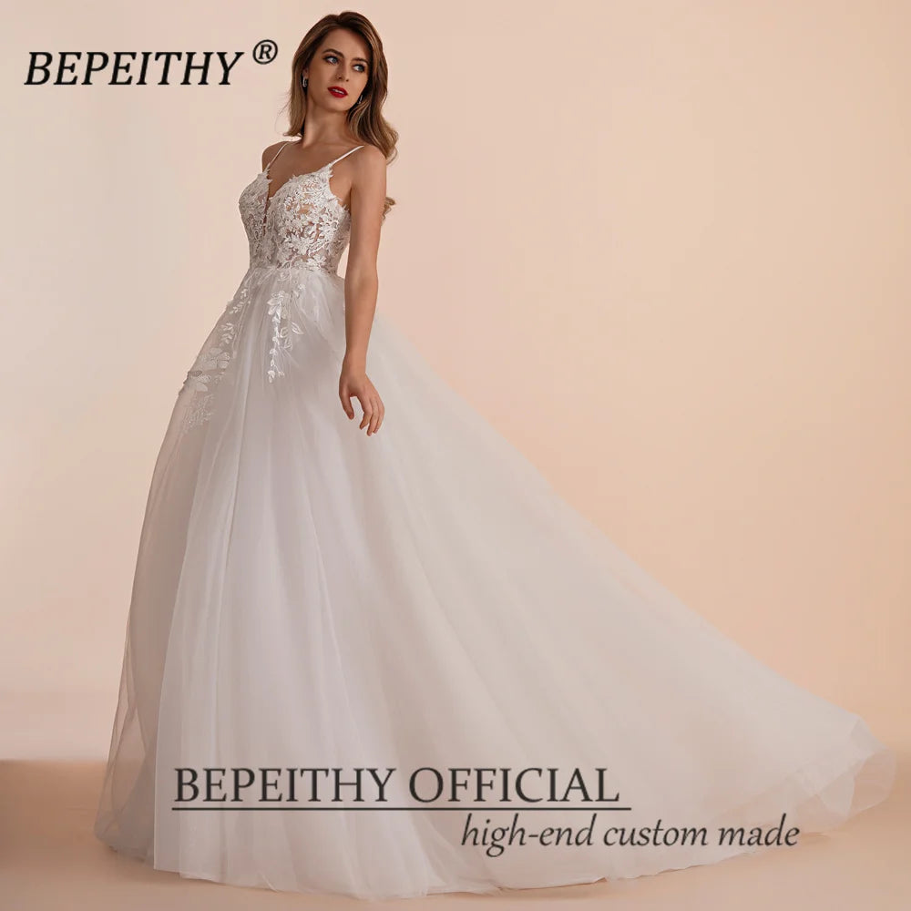 Customized Boho Ivory A Line Lace Wedding Dress Floor Length Bridal Gown