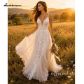 Custom Boho Lace A Line Wedding Dress With V Neck Spaghetti Straps