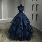 Marineblaue Quinceañera-Kleider mit Rüschen, V-Ausschnitt, Trägerbändchen, einfaches festliches verführerisches Prinzessinnenkleid Vestidos De Quinceañera