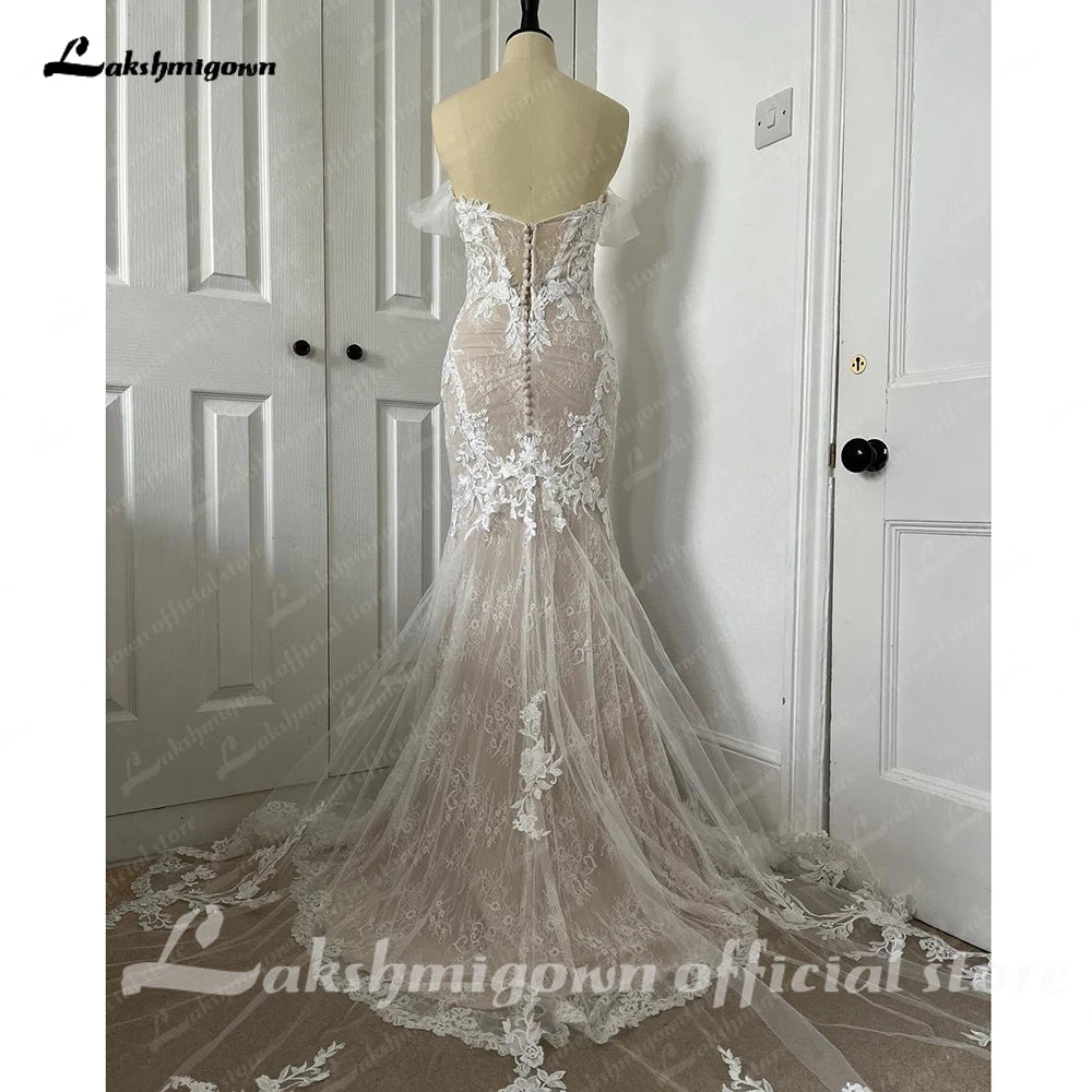 Lakshmigown Off Shoulder Lace Appliques Bride Champagne Custom Wedding Gown