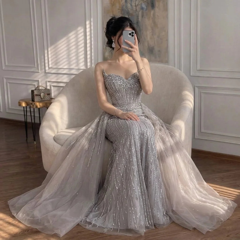 Strapless Caramel Beaded Tulle Evening Dress Sweetheart Formal Gown