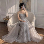 Strapless Caramel Beaded Tulle Evening Dress Sweetheart Formal Gown