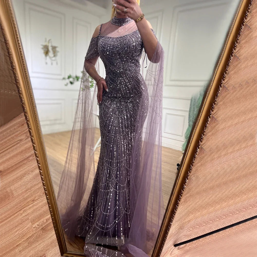 Serene Hill Custom Purple Mermaid Beaded Evening Dress With Cape Sleeves 2025