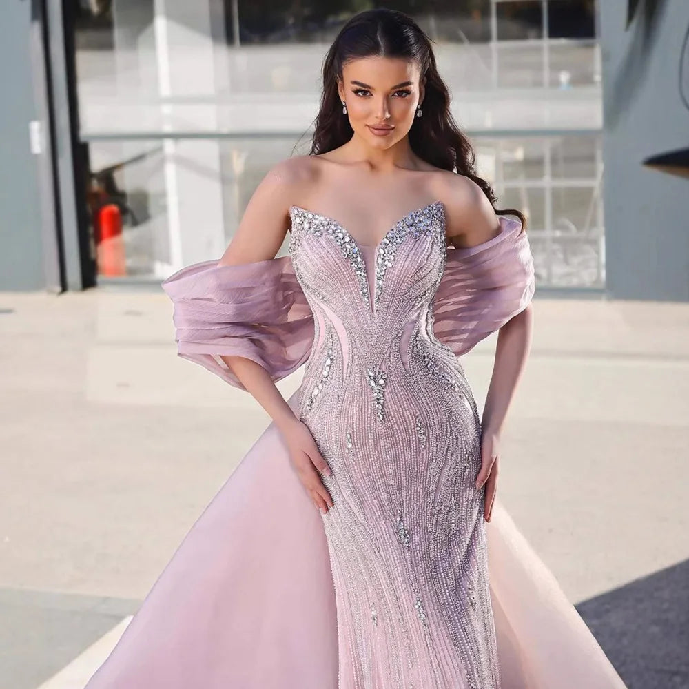 Custom Pink Mermaid Beaded Evening Dress For Women With Cape