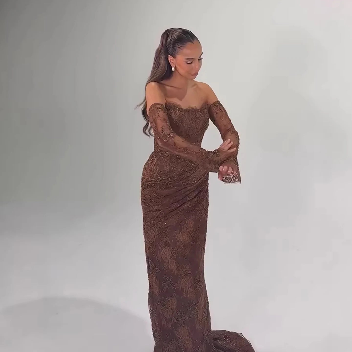 Brown Lace Mermaid Evening Gown For Women Slim Fit Ruched Party Dress