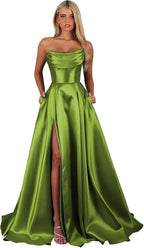 Vestidos de fiesta de corsé sin tirantes para mujer con abertura, vestidos largos formales de satén con bolsillos, elegante vestido de fiesta sin mangas