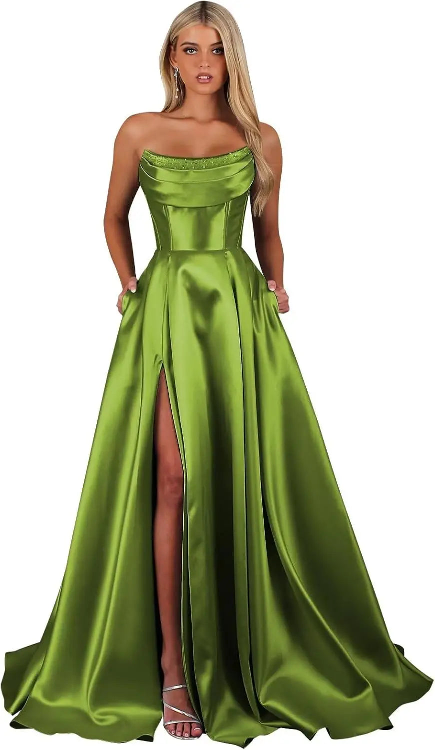 Vestidos de fiesta de corsé sin tirantes para mujer con abertura, vestidos largos formales de satén con bolsillos, elegante vestido de fiesta sin mangas