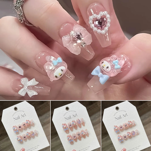 10 uñas postizas hechas a mano, color rosa claro, con diseño de dibujos animados, parches con lazos 3D y perlas, puntas de uñas postizas coreanas. 
