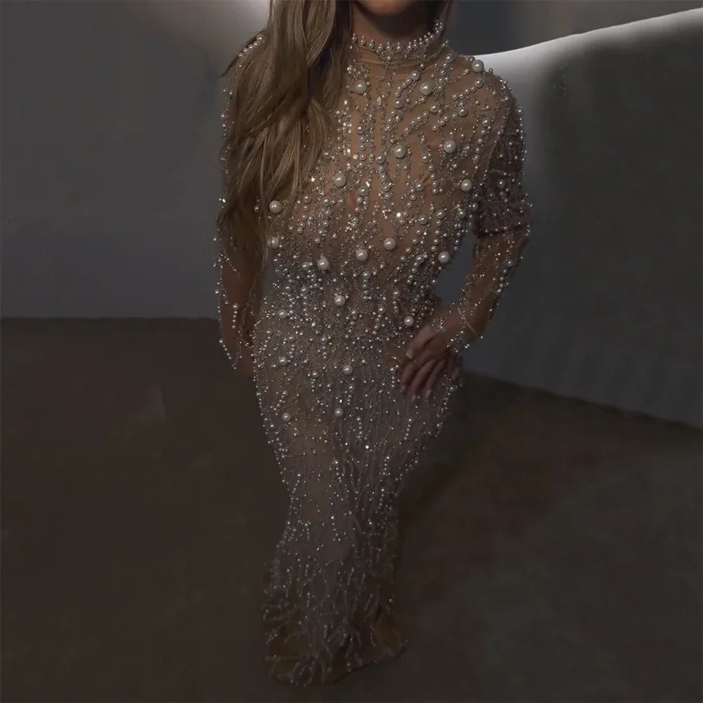 Customized Nude Mermaid Evening Gown Saudi Arabic Beaded Pearl Wedding 2025