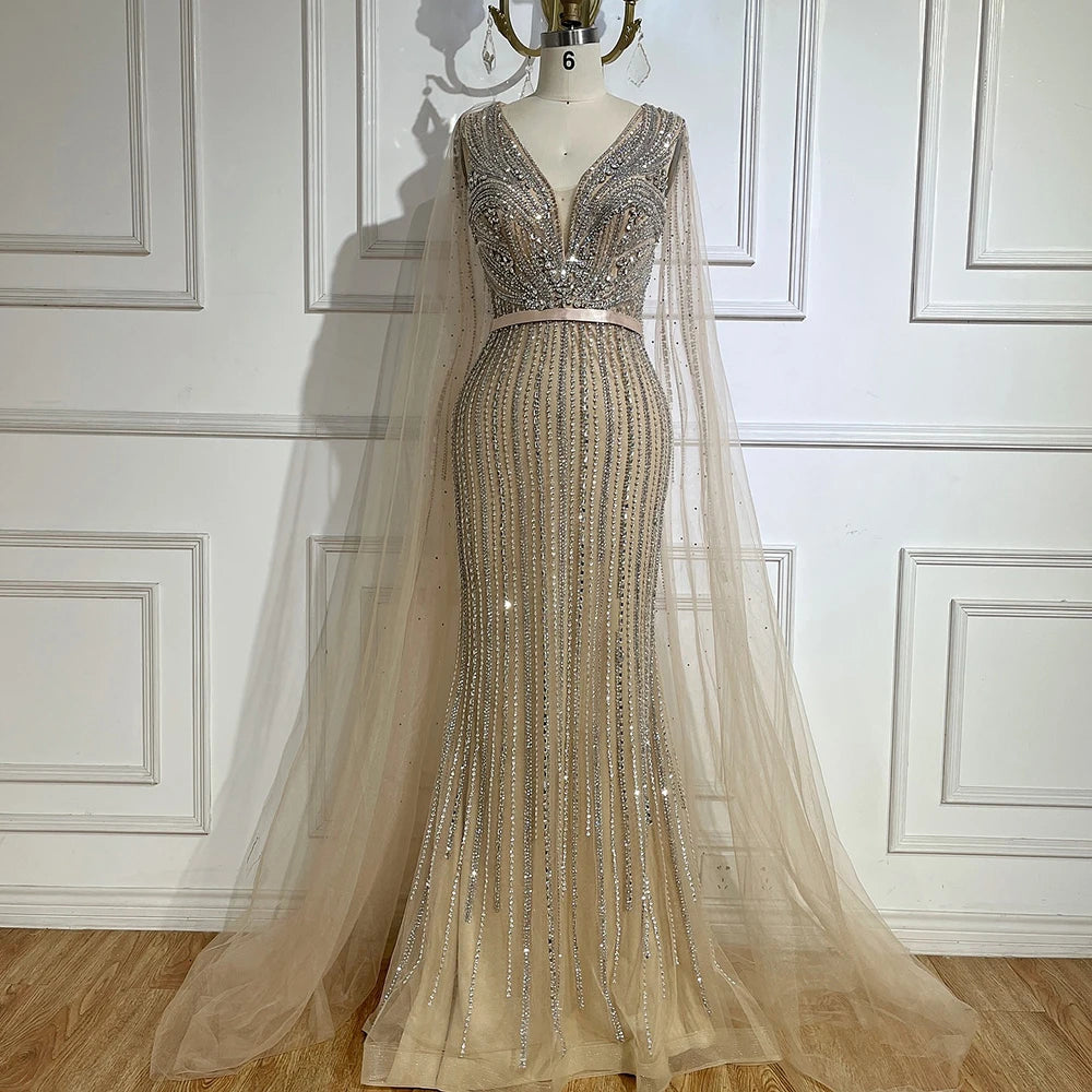Serene Hill Custom Pink Cape Sleeve Mermaid Beaded Evening Gown For Women