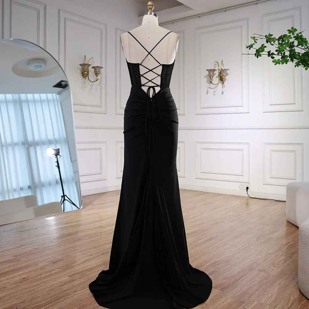 Black Beaded Classy Prom Dress with Spaghetti Straps LA73039