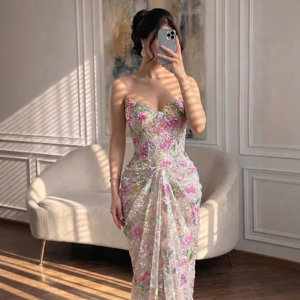 Customized Strapless Mermaid Evening Dress With Floral Pattern For Women