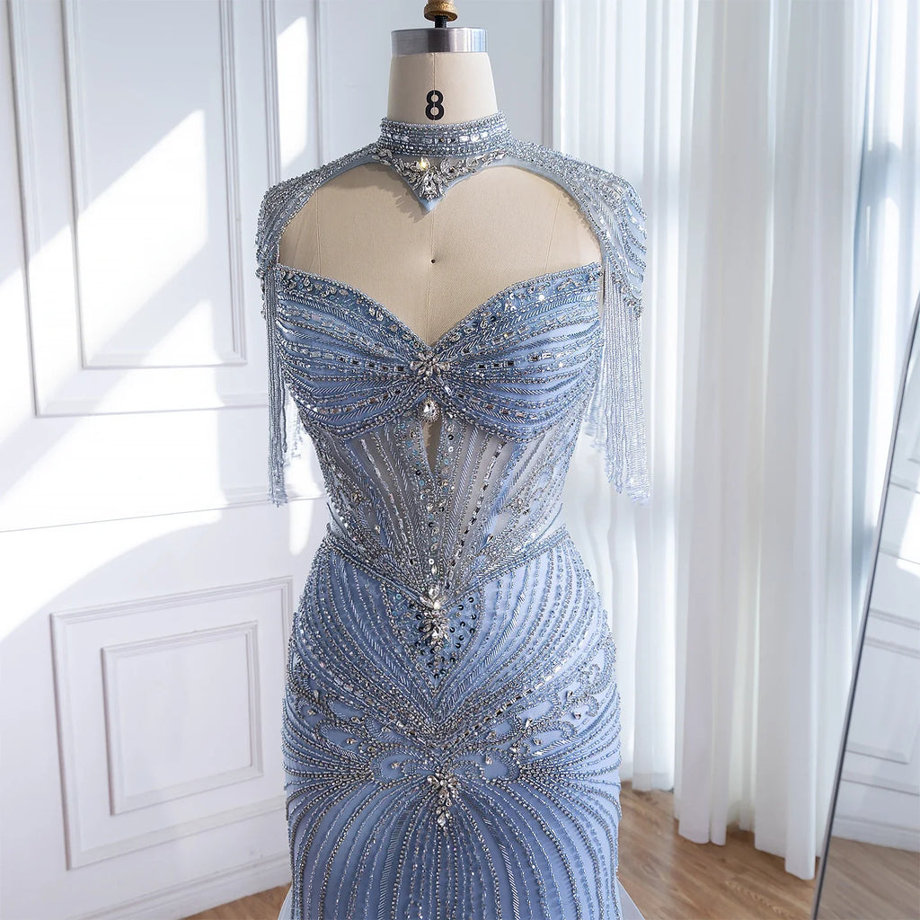 Luxury Dubai Beaded Blue Pink Evening Dress with Tassel Cape LA72897B