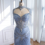 Luxury Dubai Beaded Blue Pink Evening Dress with Tassel Cape LA72897B