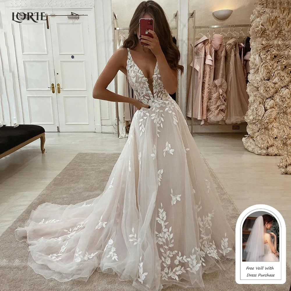 Elegant Boho Lace V Neck Spaghetti Strap Bridal Wedding Gown Custom Made