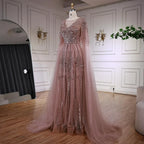 Elegant Beaded A-Line Evening Dress with Cape Sleeves LA73056