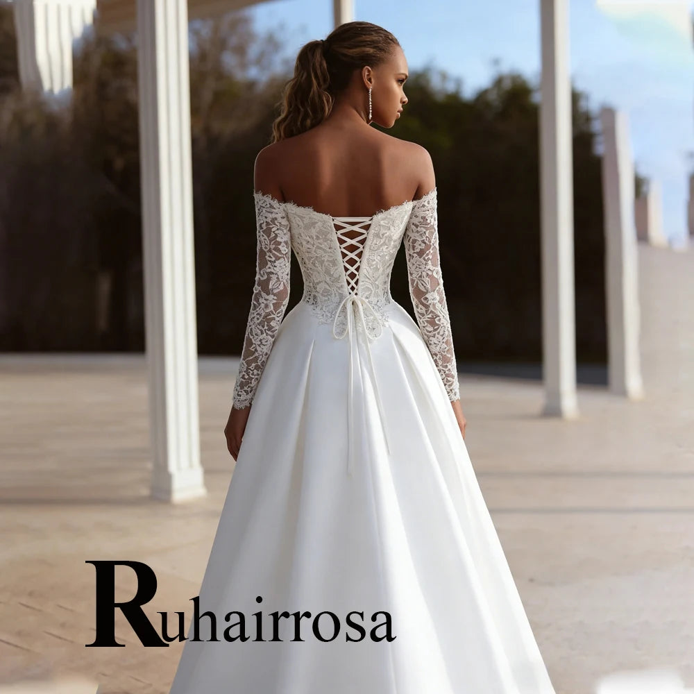 Customized Sweetheart Off Shoulder A Line Wedding Dress With Lace Appliques