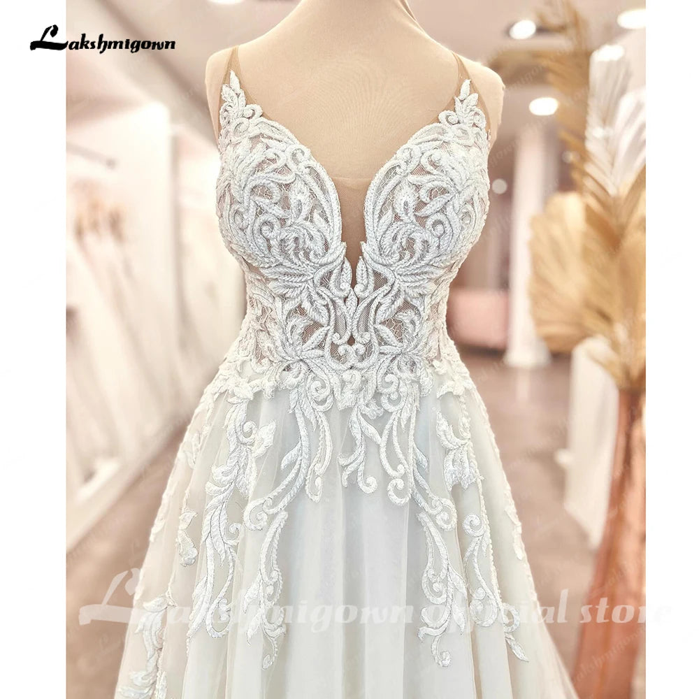 Plunging V Neck Lace A-Line Wedding Dress Custom Made Bridal Gown