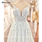 Plunging V Neck Lace A-Line Wedding Dress Custom Made Bridal Gown