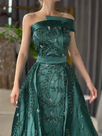 Serene Hill Custom Green One Shoulder Satin Evening Gown Overskirt Split Dress