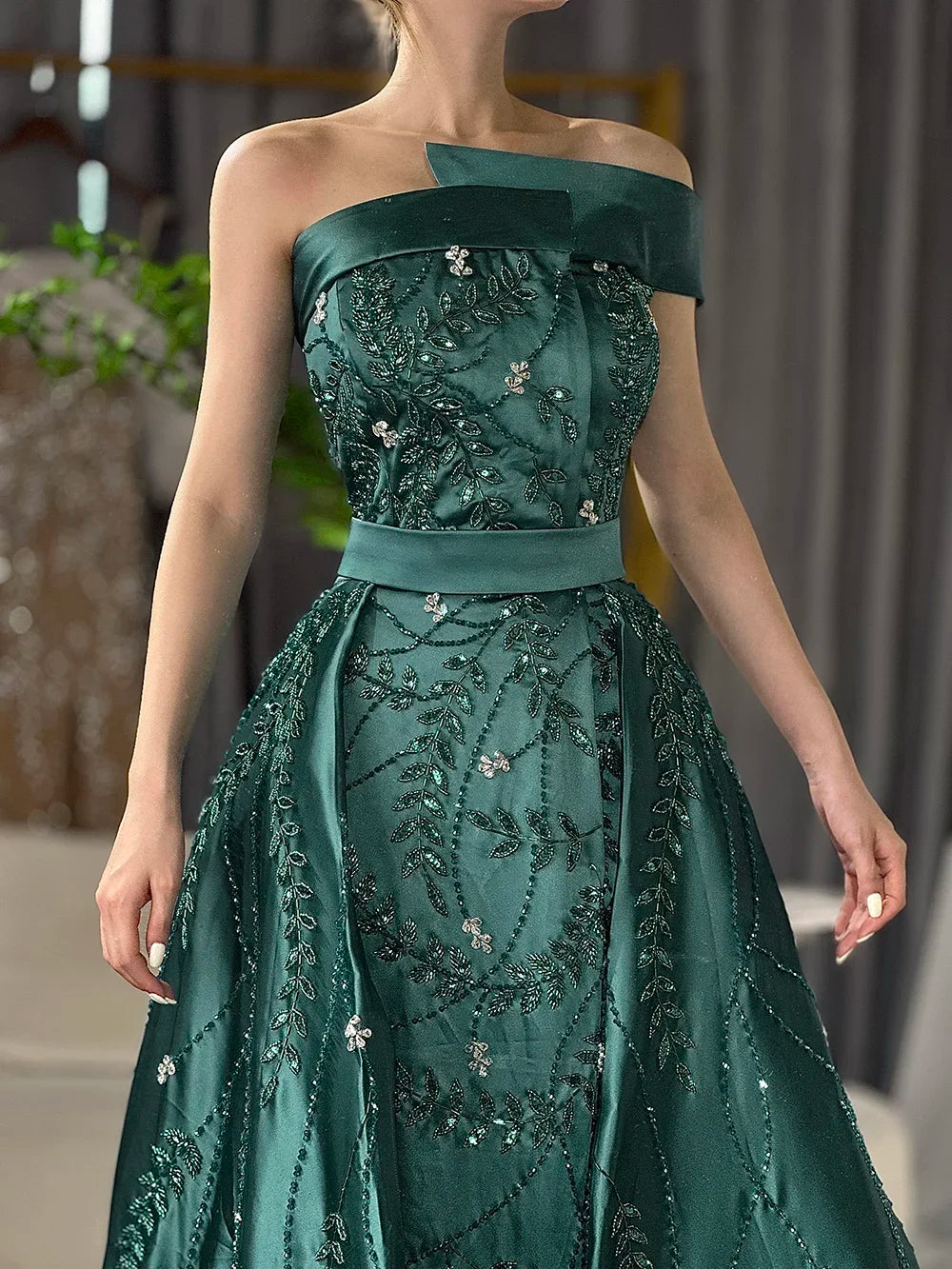 Serene Hill Custom Green One Shoulder Satin Evening Gown Overskirt Split Dress