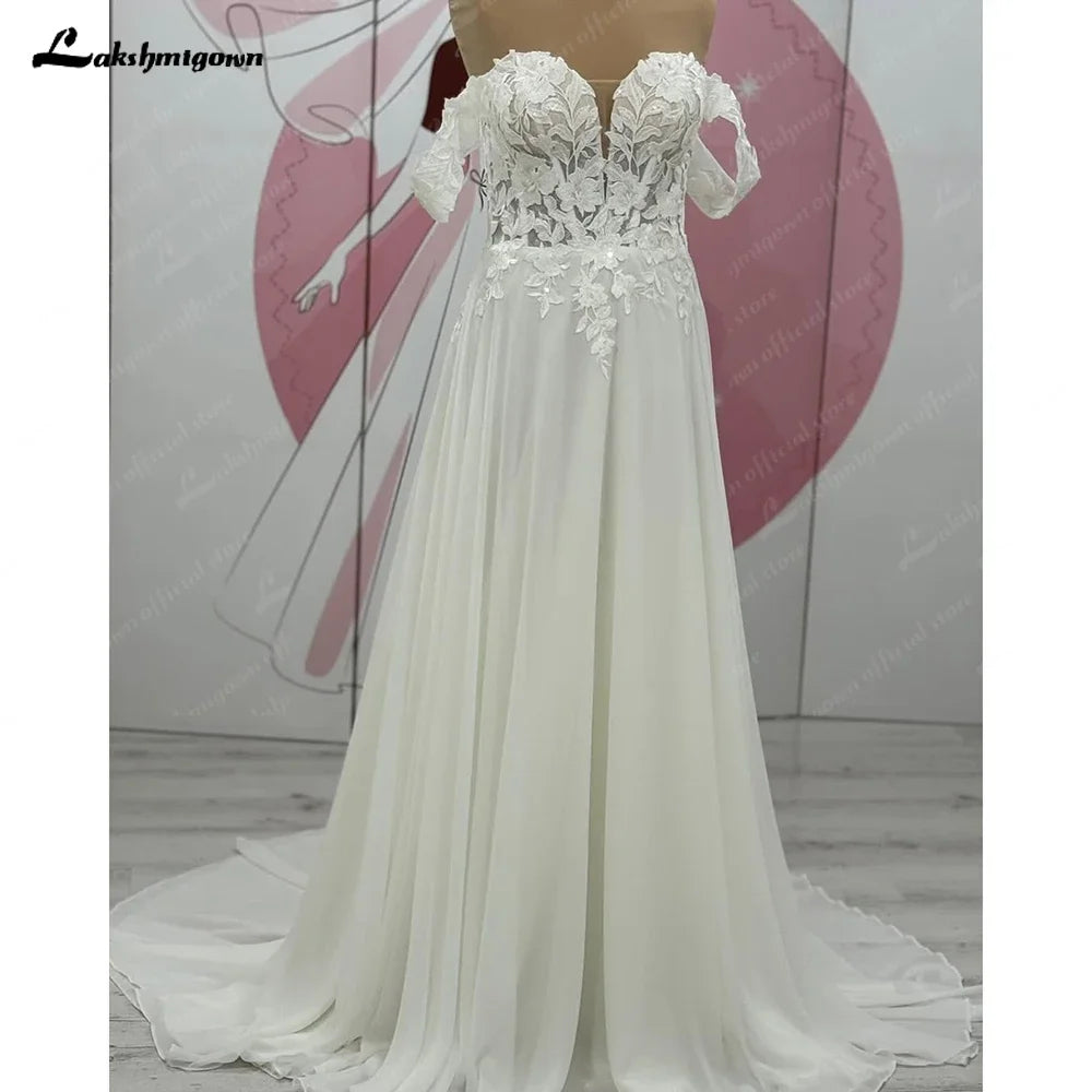 Lace And Chiffon Off Shoulder Cap Sleeve Mermaid Wedding Dress For Bride