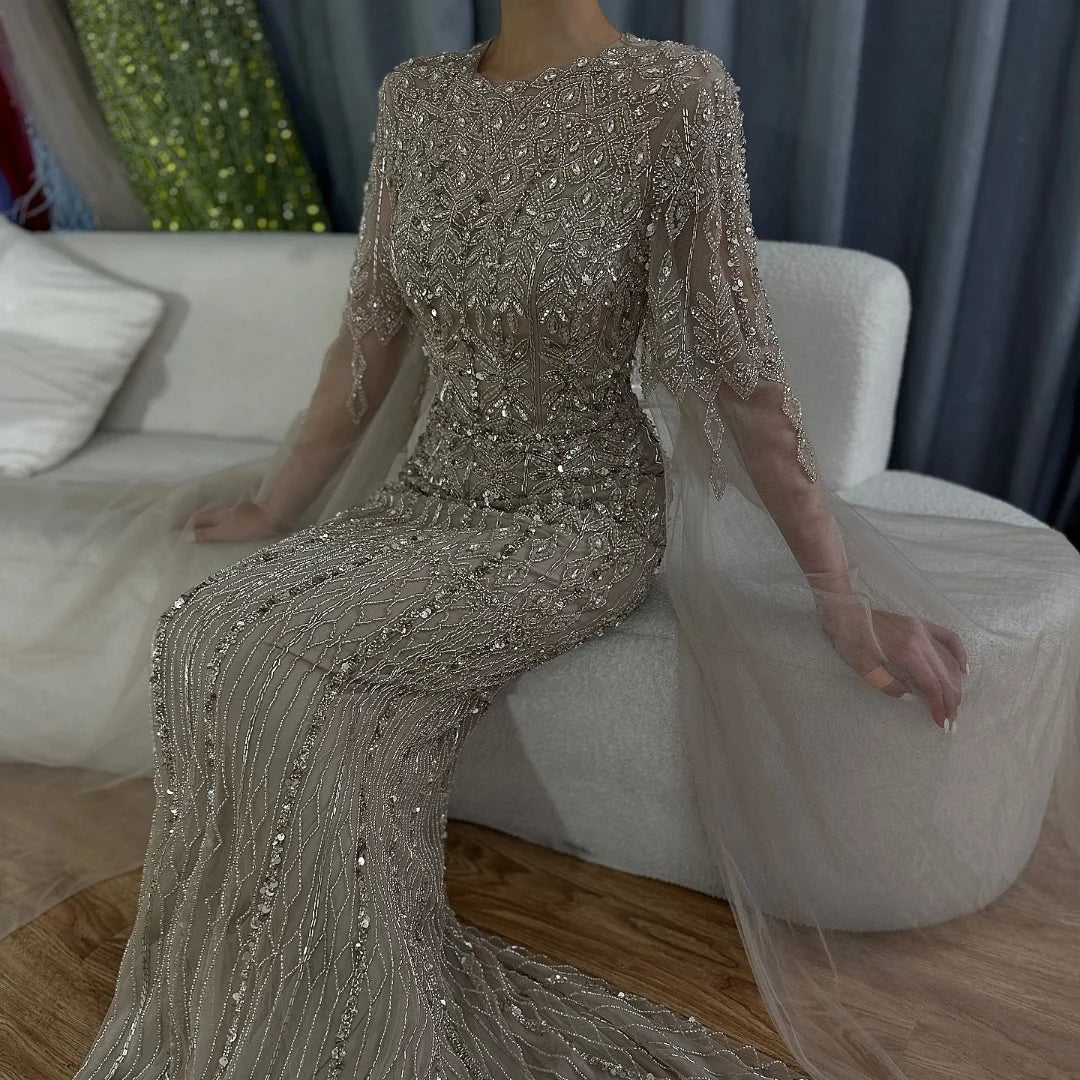 Custom Caramel Mermaid Beaded Evening Gown With Cape Sleeve For Women