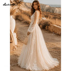 Customized Romantic Puff Long Sleeve Boho Lace Applique Wedding Dress