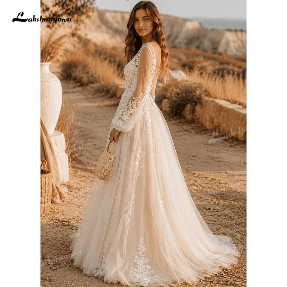 Customized Romantic Puff Long Sleeve Boho Lace Applique Wedding Dress
