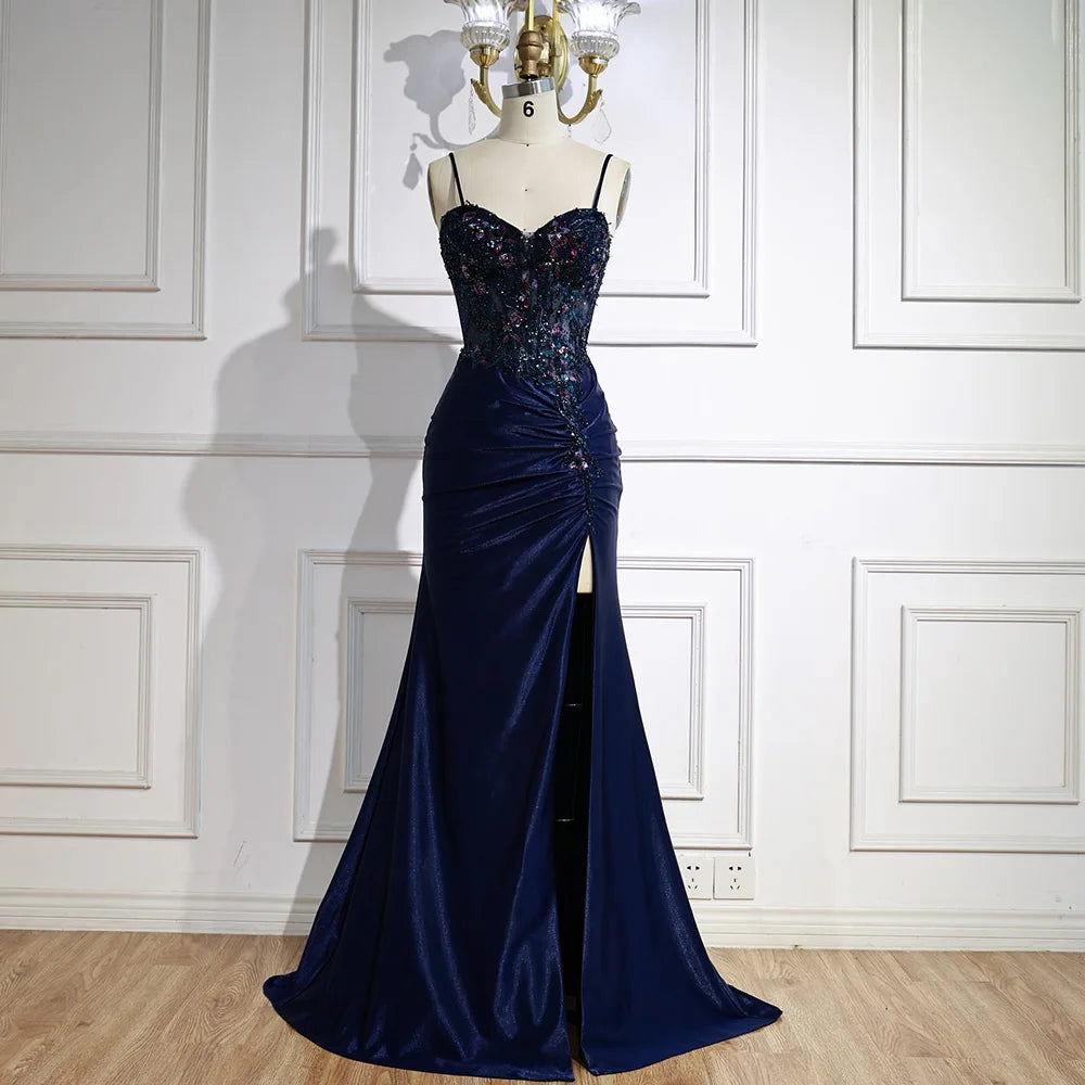 Classy Navy Satin Prom Dress with Lace Beaded and Slit LA73003