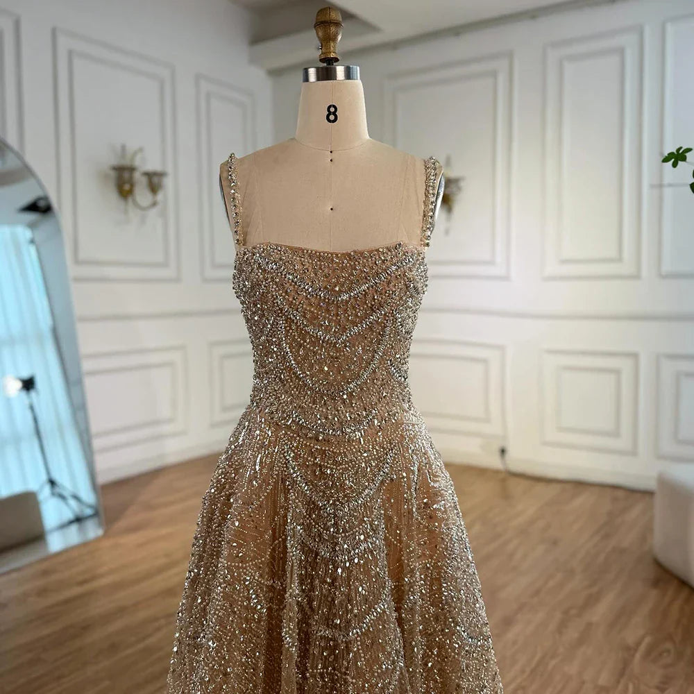 Luxury Nude A-Line Evening Dress with Pearls and Crystals LA72983A